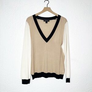 ST. JOHN Color Block V-neck Sweater Merino Wool Blend Size XL